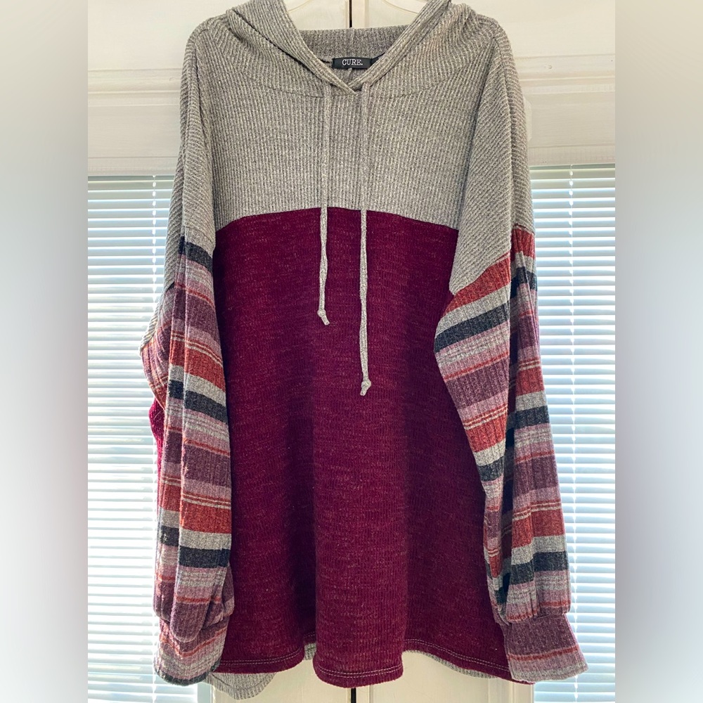 Grey & Maroon Striped Hooded Pullover